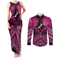 Personalised Aotearoa Matariki Couples Matching Tank Maxi Dress and Long Sleeve Button Shirt Pink Fern Maori Poutama