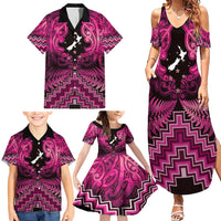 Personalised Aotearoa Matariki Family Matching Summer Maxi Dress and Hawaiian Shirt Pink Fern Maori Poutama