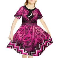 Personalised Aotearoa Matariki Kid Short Sleeve Dress Pink Fern Maori Poutama