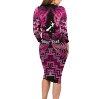 Personalised Aotearoa Matariki Long Sleeve Bodycon Dress Pink Fern Maori Poutama
