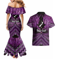 Personalised Aotearoa Matariki Couples Matching Mermaid Dress and Hawaiian Shirt Purple Fern Maori Poutama
