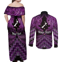 Personalised Aotearoa Matariki Couples Matching Off Shoulder Maxi Dress and Long Sleeve Button Shirt Purple Fern Maori Poutama