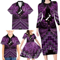 Personalised Aotearoa Matariki Family Matching Long Sleeve Bodycon Dress and Hawaiian Shirt Purple Fern Maori Poutama