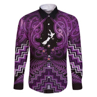 Personalised Aotearoa Matariki Family Matching Off The Shoulder Long Sleeve Dress and Hawaiian Shirt Purple Fern Maori Poutama