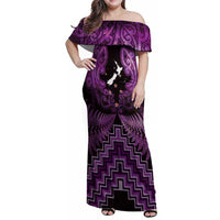 Personalised Aotearoa Matariki Family Matching Off Shoulder Maxi Dress and Hawaiian Shirt Purple Fern Maori Poutama