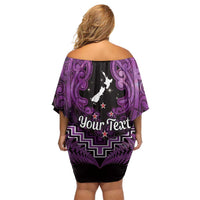 Personalised Aotearoa Matariki Off Shoulder Short Dress Purple Fern Maori Poutama