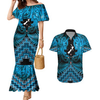 Personalised Aotearoa Matariki Couples Matching Mermaid Dress and Hawaiian Shirt Turquoise Fern Maori Poutama