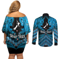 Personalised Aotearoa Matariki Couples Matching Off Shoulder Short Dress and Long Sleeve Button Shirt Turquoise Fern Maori Poutama