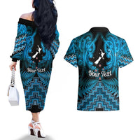 Personalised Aotearoa Matariki Couples Matching Off The Shoulder Long Sleeve Dress and Hawaiian Shirt Turquoise Fern Maori Poutama