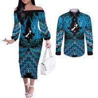 Personalised Aotearoa Matariki Couples Matching Off The Shoulder Long Sleeve Dress and Long Sleeve Button Shirt Turquoise Fern Maori Poutama