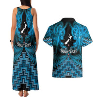 Personalised Aotearoa Matariki Couples Matching Tank Maxi Dress and Hawaiian Shirt Turquoise Fern Maori Poutama