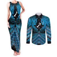 Personalised Aotearoa Matariki Couples Matching Tank Maxi Dress and Long Sleeve Button Shirt Turquoise Fern Maori Poutama
