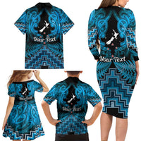 Personalised Aotearoa Matariki Family Matching Long Sleeve Bodycon Dress and Hawaiian Shirt Turquoise Fern Maori Poutama