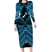 Personalised Aotearoa Matariki Family Matching Long Sleeve Bodycon Dress and Hawaiian Shirt Turquoise Fern Maori Poutama