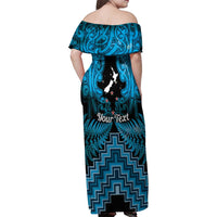 Personalised Aotearoa Matariki Family Matching Off Shoulder Maxi Dress and Hawaiian Shirt Turquoise Fern Maori Poutama