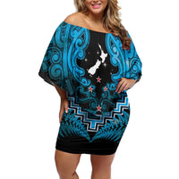 Personalised Aotearoa Matariki Family Matching Off Shoulder Short Dress and Hawaiian Shirt Turquoise Fern Maori Poutama