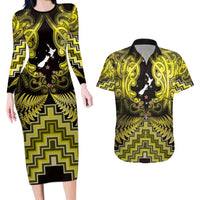 Personalised Aotearoa Matariki Couples Matching Long Sleeve Bodycon Dress and Hawaiian Shirt Yellow Fern Maori Poutama
