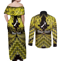 Personalised Aotearoa Matariki Couples Matching Off Shoulder Maxi Dress and Long Sleeve Button Shirt Yellow Fern Maori Poutama