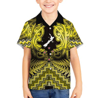 Personalised Aotearoa Matariki Family Matching Off The Shoulder Long Sleeve Dress and Hawaiian Shirt Yellow Fern Maori Poutama