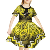 Personalised Aotearoa Matariki Kid Short Sleeve Dress Yellow Fern Maori Poutama