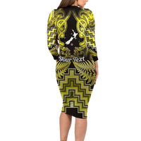 Personalised Aotearoa Matariki Long Sleeve Bodycon Dress Yellow Fern Maori Poutama