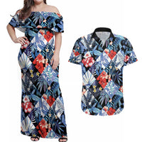 Hawaii Tropicana Blue Pattern Couples Matching Off Shoulder Maxi Dress and Hawaiian Shirt - Polynesian Pride