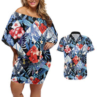 Hawaii Tropicana Blue Pattern Couples Matching Off Shoulder Short Dress and Hawaiian Shirt - Polynesian Pride