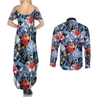 Hawaii Tropicana Blue Pattern Couples Matching Summer Maxi Dress and Long Sleeve Button Shirt - Polynesian Pride