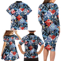 Hawaii Tropicana Blue Pattern Family Matching Long Sleeve Bodycon Dress and Hawaiian Shirt - Polynesian Pride