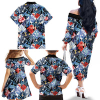 Hawaii Tropicana Blue Pattern Family Matching Off The Shoulder Long Sleeve Dress and Hawaiian Shirt - Polynesian Pride