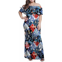 Hawaii Tropicana Blue Pattern Family Matching Off Shoulder Maxi Dress and Hawaiian Shirt - Polynesian Pride