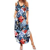 Hawaii Tropicana Blue Pattern Family Matching Summer Maxi Dress and Hawaiian Shirt - Polynesian Pride