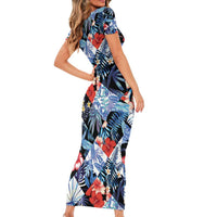 Hawaii Tropicana Blue Pattern Short Sleeve Bodycon Dress - Polynesian Pride