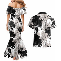 Black White Monotone Tropical Flowers Pattern Couples Matching Mermaid Dress and Hawaiian Shirt - Polynesian Pride