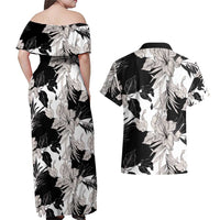 Black White Monotone Tropical Flowers Pattern Couples Matching Off Shoulder Maxi Dress and Hawaiian Shirt - Polynesian Pride