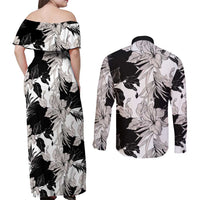 Black White Monotone Tropical Flowers Pattern Couples Matching Off Shoulder Maxi Dress and Long Sleeve Button Shirt - Polynesian Pride