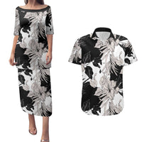 Black White Monotone Tropical Flowers Pattern Couples Matching Puletasi and Hawaiian Shirt - Polynesian Pride