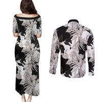 Black White Monotone Tropical Flowers Pattern Couples Matching Puletasi and Long Sleeve Button Shirt - Polynesian Pride