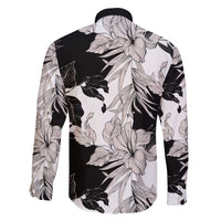 Black White Monotone Tropical Flowers Pattern Family Matching Long Sleeve Bodycon Dress and Hawaiian Shirt - Polynesian Pride