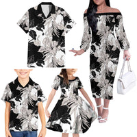 Black White Monotone Tropical Flowers Pattern Family Matching Off The Shoulder Long Sleeve Dress and Hawaiian Shirt - Polynesian Pride