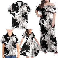 Black White Monotone Tropical Flowers Pattern Family Matching Off Shoulder Maxi Dress and Hawaiian Shirt - Polynesian Pride