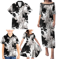 Black White Monotone Tropical Flowers Pattern Family Matching Puletasi and Hawaiian Shirt - Polynesian Pride