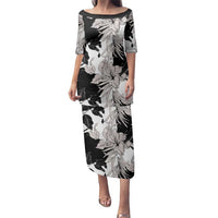 Black White Monotone Tropical Flowers Pattern Family Matching Puletasi and Hawaiian Shirt - Polynesian Pride