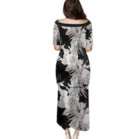 Black White Monotone Tropical Flowers Pattern Family Matching Puletasi and Hawaiian Shirt - Polynesian Pride