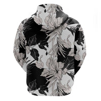 Black White Monotone Tropical Flowers Pattern Hoodie - Polynesian Pride