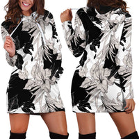 Black White Monotone Tropical Flowers Pattern Hoodie Dress - Polynesian Pride