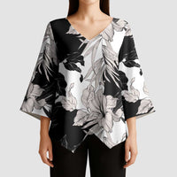 Black White Monotone Tropical Flowers Pattern Kimono Sleeve Blouse - Polynesian Pride