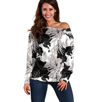 Black White Monotone Tropical Flowers Pattern Off Shoulder Sweater - Polynesian Pride
