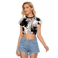 Black White Monotone Tropical Flowers Pattern Raglan Cropped T Shirt - Polynesian Pride