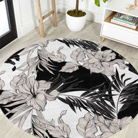 Black White Monotone Tropical Flowers Pattern Round Carpet - Polynesian Pride